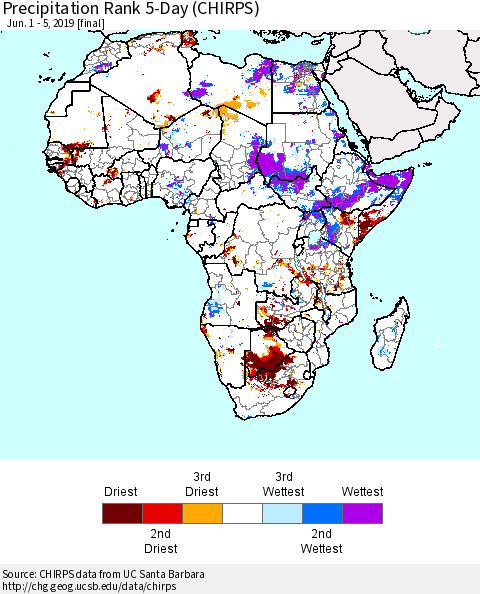 Africa Precipitation Rank since 1981, 5-Day (CHIRPS) Thematic Map For 6/1/2019 - 6/5/2019
