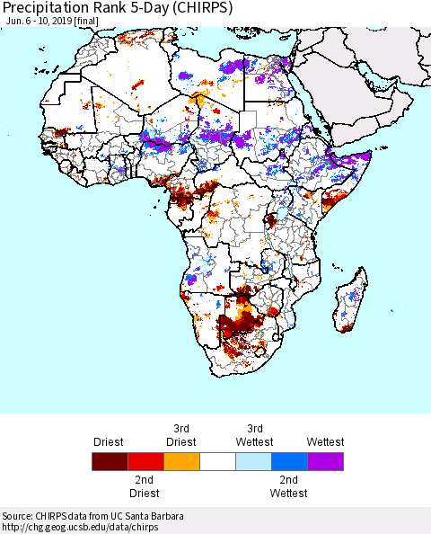 Africa Precipitation Rank since 1981, 5-Day (CHIRPS) Thematic Map For 6/6/2019 - 6/10/2019