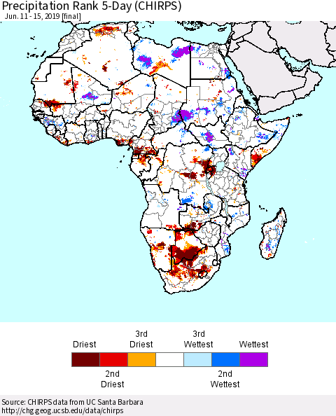 Africa Precipitation Rank since 1981, 5-Day (CHIRPS) Thematic Map For 6/11/2019 - 6/15/2019