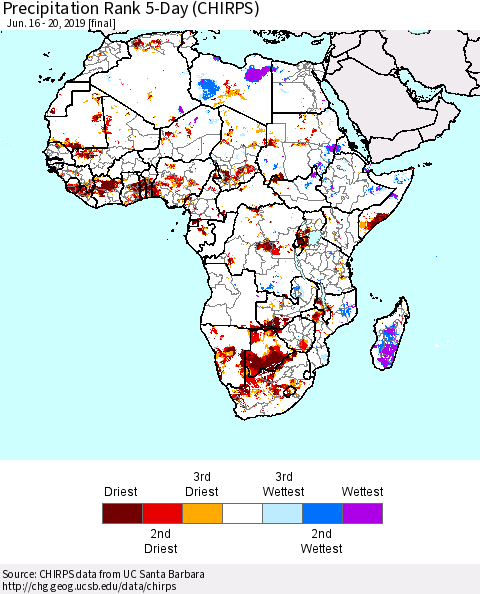 Africa Precipitation Rank since 1981, 5-Day (CHIRPS) Thematic Map For 6/16/2019 - 6/20/2019
