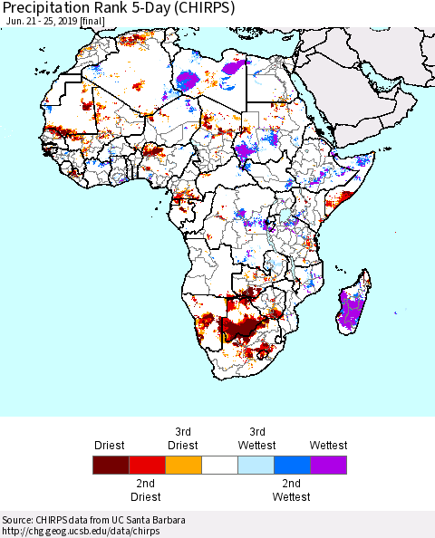 Africa Precipitation Rank since 1981, 5-Day (CHIRPS) Thematic Map For 6/21/2019 - 6/25/2019