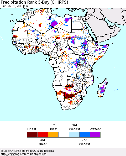 Africa Precipitation Rank since 1981, 5-Day (CHIRPS) Thematic Map For 6/26/2019 - 6/30/2019