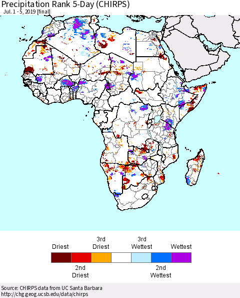 Africa Precipitation Rank since 1981, 5-Day (CHIRPS) Thematic Map For 7/1/2019 - 7/5/2019