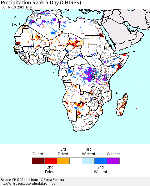Africa Precipitation Rank since 1981, 5-Day (CHIRPS) Thematic Map For 7/6/2019 - 7/10/2019