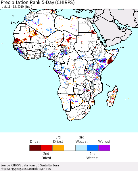 Africa Precipitation Rank since 1981, 5-Day (CHIRPS) Thematic Map For 7/11/2019 - 7/15/2019