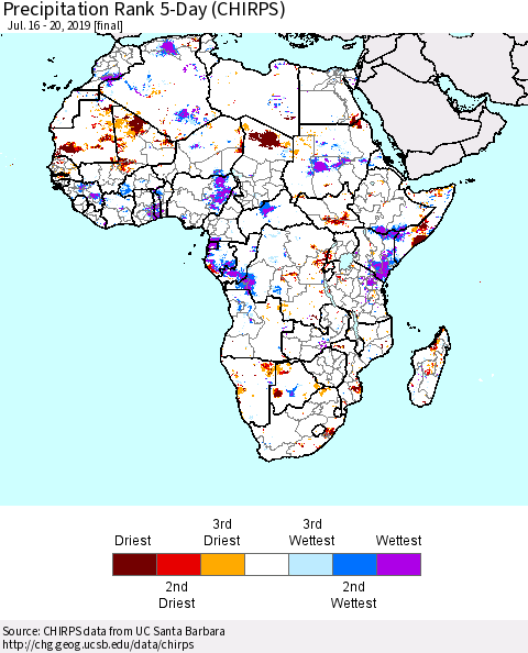 Africa Precipitation Rank since 1981, 5-Day (CHIRPS) Thematic Map For 7/16/2019 - 7/20/2019