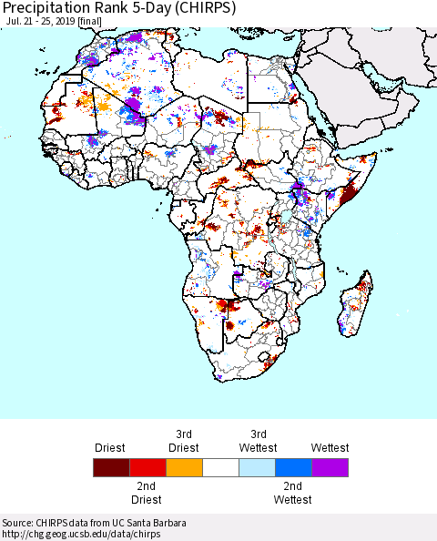Africa Precipitation Rank since 1981, 5-Day (CHIRPS) Thematic Map For 7/21/2019 - 7/25/2019
