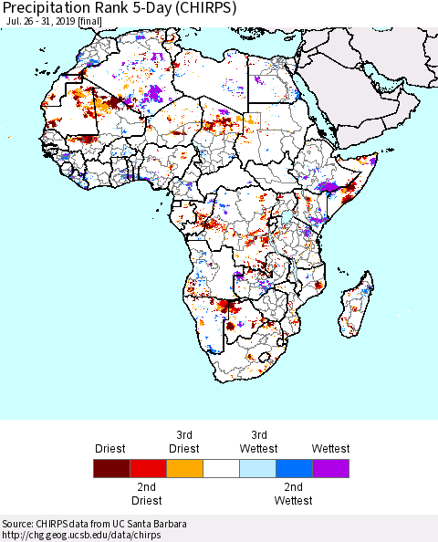 Africa Precipitation Rank since 1981, 5-Day (CHIRPS) Thematic Map For 7/26/2019 - 7/31/2019