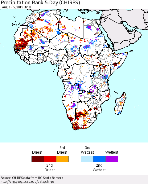 Africa Precipitation Rank since 1981, 5-Day (CHIRPS) Thematic Map For 8/1/2019 - 8/5/2019