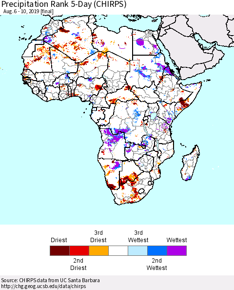 Africa Precipitation Rank since 1981, 5-Day (CHIRPS) Thematic Map For 8/6/2019 - 8/10/2019