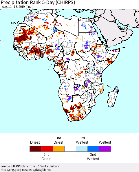Africa Precipitation Rank since 1981, 5-Day (CHIRPS) Thematic Map For 8/11/2019 - 8/15/2019