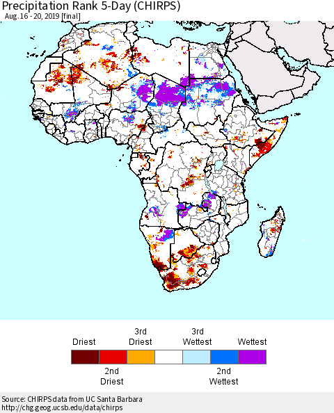 Africa Precipitation Rank since 1981, 5-Day (CHIRPS) Thematic Map For 8/16/2019 - 8/20/2019