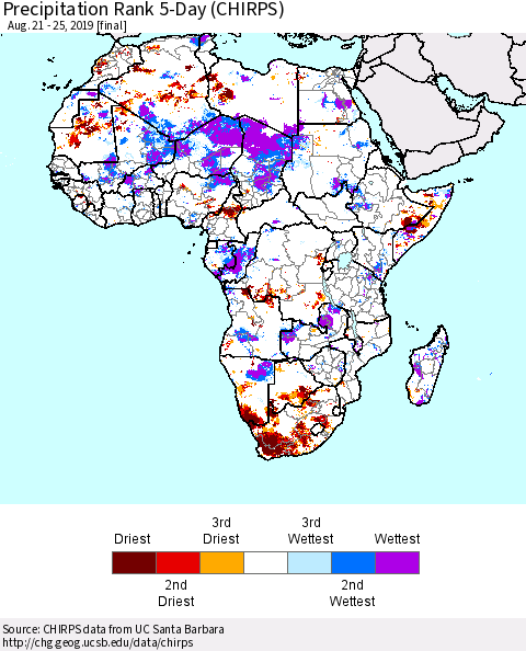 Africa Precipitation Rank since 1981, 5-Day (CHIRPS) Thematic Map For 8/21/2019 - 8/25/2019