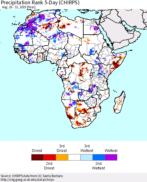 Africa Precipitation Rank since 1981, 5-Day (CHIRPS) Thematic Map For 8/26/2019 - 8/31/2019