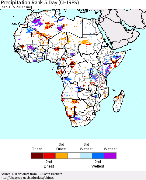 Africa Precipitation Rank since 1981, 5-Day (CHIRPS) Thematic Map For 9/1/2019 - 9/5/2019