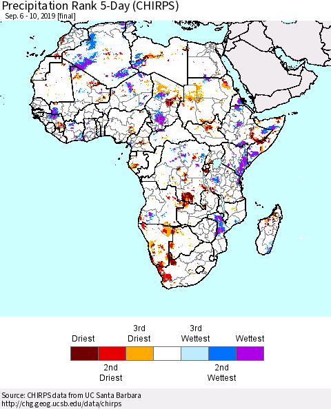 Africa Precipitation Rank since 1981, 5-Day (CHIRPS) Thematic Map For 9/6/2019 - 9/10/2019