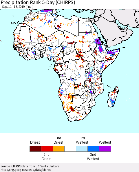 Africa Precipitation Rank since 1981, 5-Day (CHIRPS) Thematic Map For 9/11/2019 - 9/15/2019