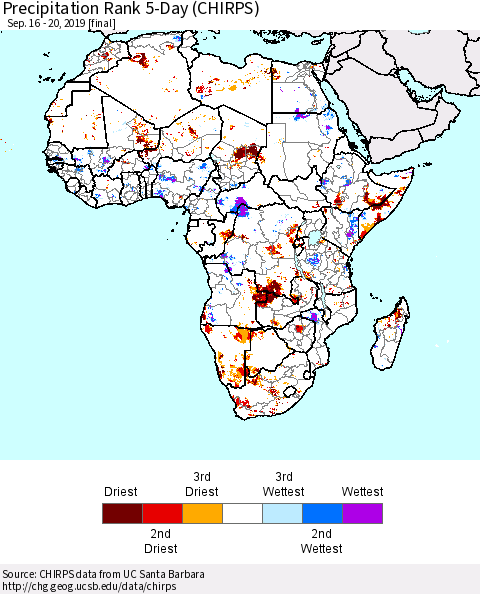 Africa Precipitation Rank since 1981, 5-Day (CHIRPS) Thematic Map For 9/16/2019 - 9/20/2019