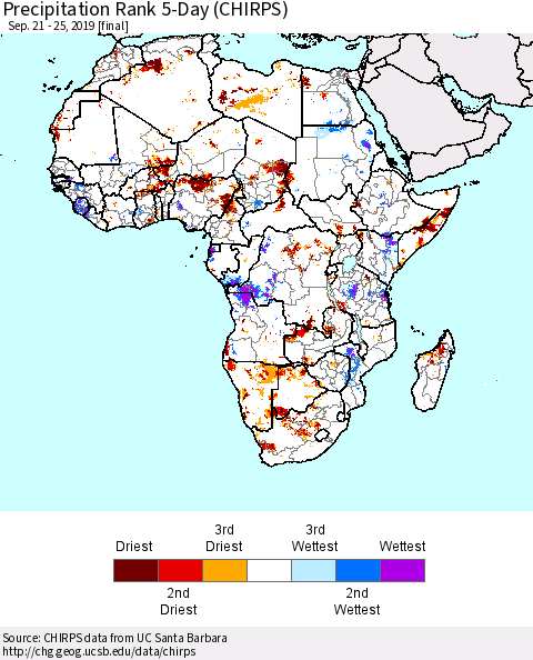 Africa Precipitation Rank since 1981, 5-Day (CHIRPS) Thematic Map For 9/21/2019 - 9/25/2019