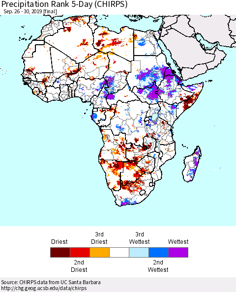 Africa Precipitation Rank since 1981, 5-Day (CHIRPS) Thematic Map For 9/26/2019 - 9/30/2019