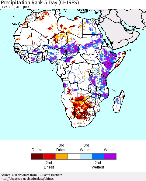 Africa Precipitation Rank since 1981, 5-Day (CHIRPS) Thematic Map For 10/1/2019 - 10/5/2019