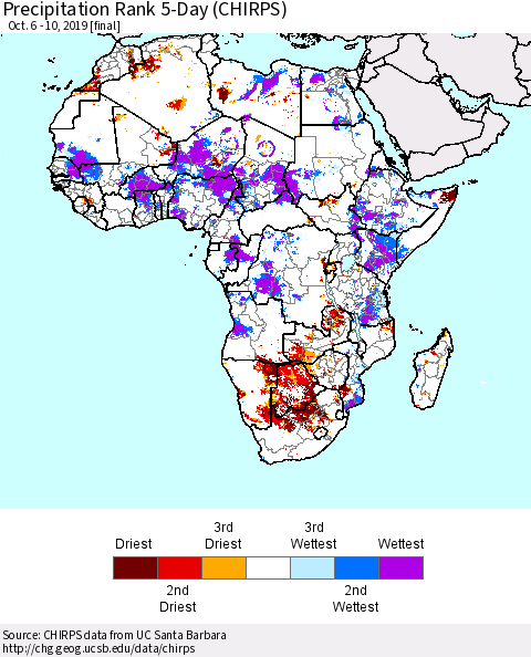 Africa Precipitation Rank since 1981, 5-Day (CHIRPS) Thematic Map For 10/6/2019 - 10/10/2019