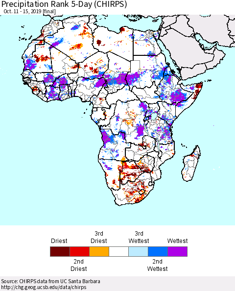 Africa Precipitation Rank since 1981, 5-Day (CHIRPS) Thematic Map For 10/11/2019 - 10/15/2019