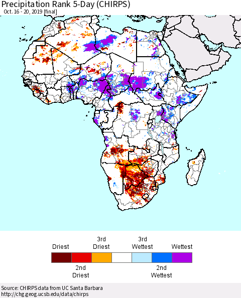 Africa Precipitation Rank since 1981, 5-Day (CHIRPS) Thematic Map For 10/16/2019 - 10/20/2019