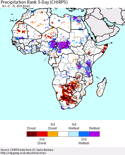 Africa Precipitation Rank since 1981, 5-Day (CHIRPS) Thematic Map For 10/21/2019 - 10/25/2019