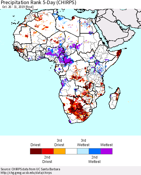Africa Precipitation Rank since 1981, 5-Day (CHIRPS) Thematic Map For 10/26/2019 - 10/31/2019