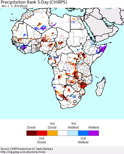 Africa Precipitation Rank since 1981, 5-Day (CHIRPS) Thematic Map For 11/1/2019 - 11/5/2019