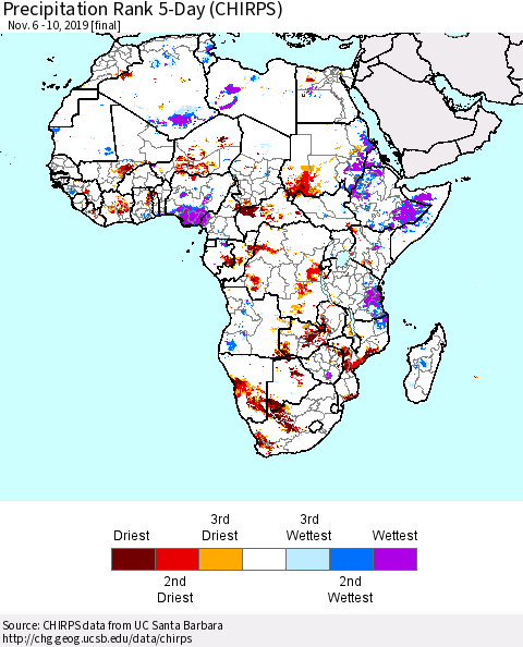 Africa Precipitation Rank since 1981, 5-Day (CHIRPS) Thematic Map For 11/6/2019 - 11/10/2019