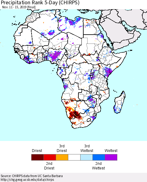 Africa Precipitation Rank since 1981, 5-Day (CHIRPS) Thematic Map For 11/11/2019 - 11/15/2019