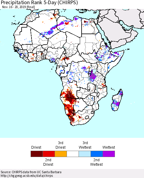 Africa Precipitation Rank since 1981, 5-Day (CHIRPS) Thematic Map For 11/16/2019 - 11/20/2019