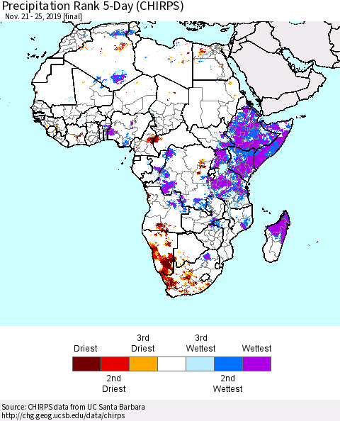 Africa Precipitation Rank since 1981, 5-Day (CHIRPS) Thematic Map For 11/21/2019 - 11/25/2019