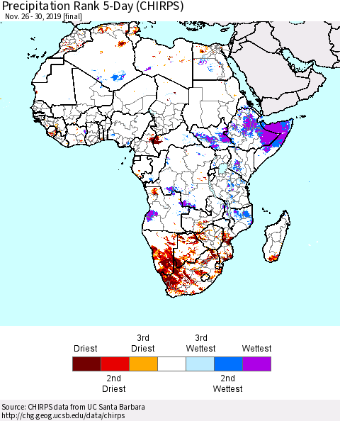 Africa Precipitation Rank since 1981, 5-Day (CHIRPS) Thematic Map For 11/26/2019 - 11/30/2019