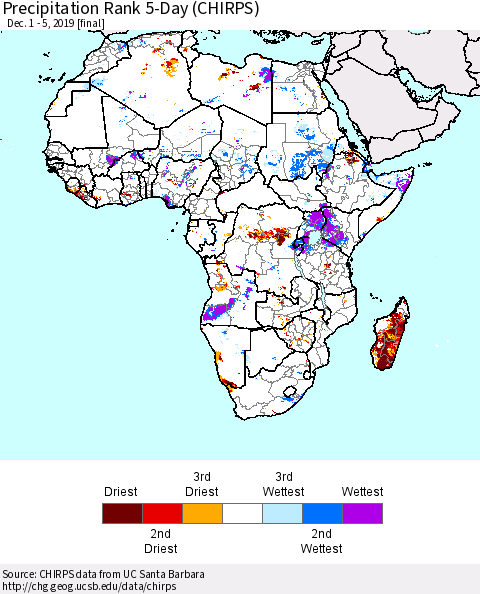 Africa Precipitation Rank since 1981, 5-Day (CHIRPS) Thematic Map For 12/1/2019 - 12/5/2019