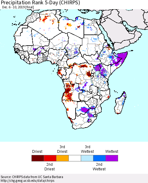 Africa Precipitation Rank since 1981, 5-Day (CHIRPS) Thematic Map For 12/6/2019 - 12/10/2019