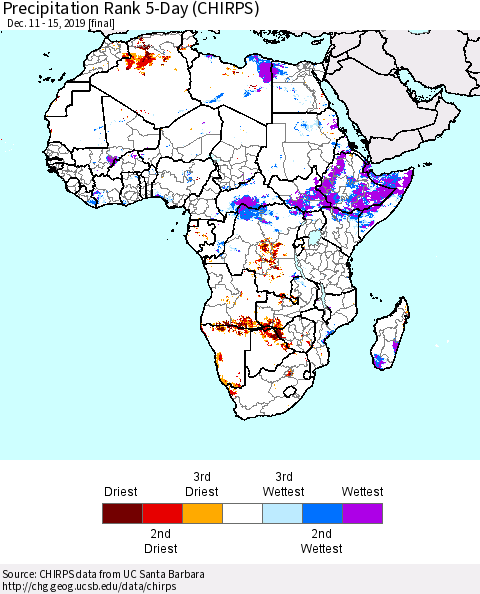 Africa Precipitation Rank since 1981, 5-Day (CHIRPS) Thematic Map For 12/11/2019 - 12/15/2019