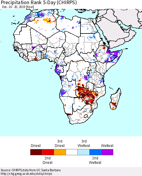 Africa Precipitation Rank since 1981, 5-Day (CHIRPS) Thematic Map For 12/16/2019 - 12/20/2019