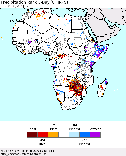 Africa Precipitation Rank since 1981, 5-Day (CHIRPS) Thematic Map For 12/21/2019 - 12/25/2019