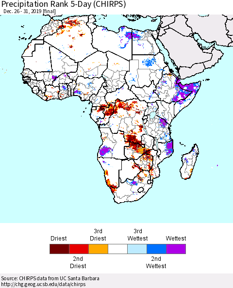 Africa Precipitation Rank since 1981, 5-Day (CHIRPS) Thematic Map For 12/26/2019 - 12/31/2019