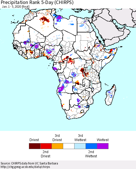 Africa Precipitation Rank since 1981, 5-Day (CHIRPS) Thematic Map For 1/1/2020 - 1/5/2020
