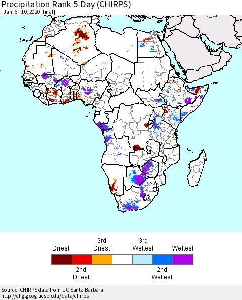 Africa Precipitation Rank since 1981, 5-Day (CHIRPS) Thematic Map For 1/6/2020 - 1/10/2020