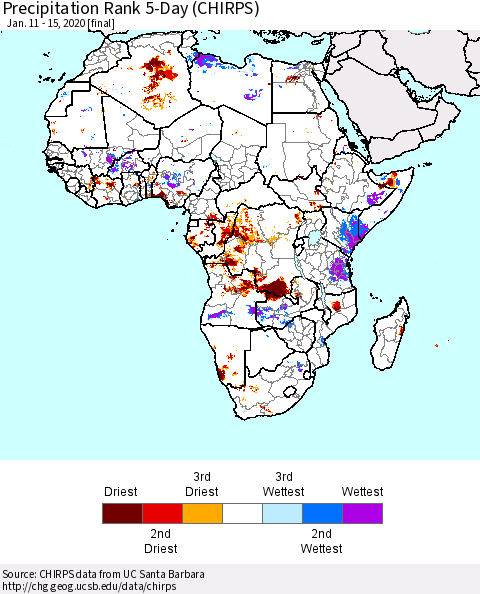 Africa Precipitation Rank since 1981, 5-Day (CHIRPS) Thematic Map For 1/11/2020 - 1/15/2020