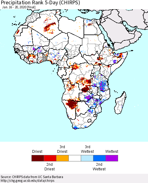 Africa Precipitation Rank since 1981, 5-Day (CHIRPS) Thematic Map For 1/16/2020 - 1/20/2020