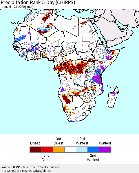 Africa Precipitation Rank since 1981, 5-Day (CHIRPS) Thematic Map For 1/21/2020 - 1/25/2020