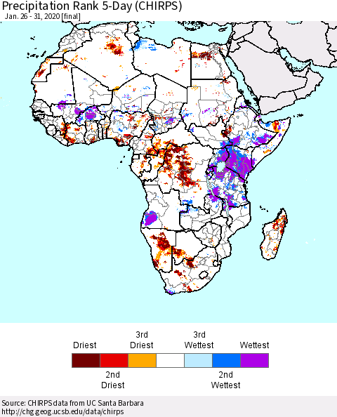 Africa Precipitation Rank since 1981, 5-Day (CHIRPS) Thematic Map For 1/26/2020 - 1/31/2020