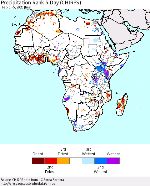 Africa Precipitation Rank since 1981, 5-Day (CHIRPS) Thematic Map For 2/1/2020 - 2/5/2020
