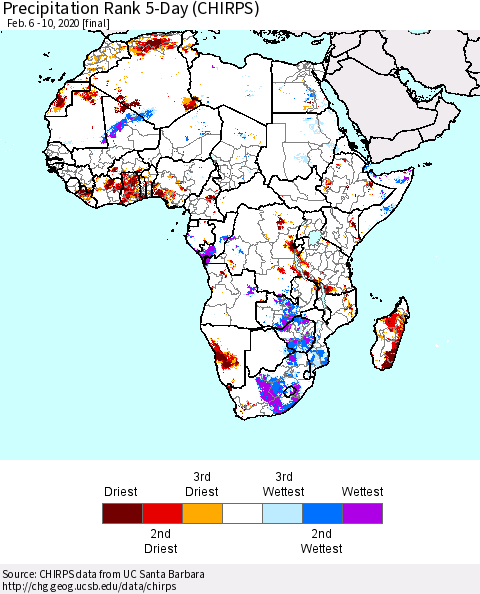 Africa Precipitation Rank since 1981, 5-Day (CHIRPS) Thematic Map For 2/6/2020 - 2/10/2020